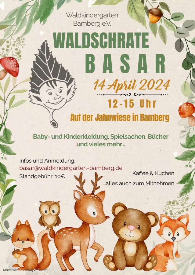 Das Plakat der Veranstaltung mit allen Details wie im Text. Das Design zeigt kindgerechte Illustrationen von Waldtieren und Waldpflanzen.